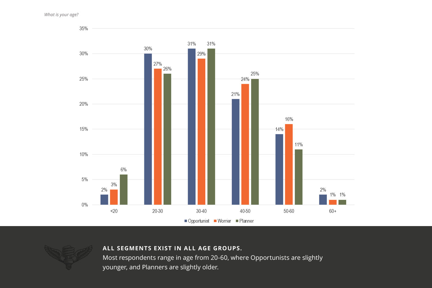 Bar chart titled 'What is your age?' comparing age distribution of Opportunists, Worriers, and Planners. Most respondents fall between ages 20–60. The 30–40 age group has the highest share across all segments (31%). Opportunists skew younger with 30% aged 20–30, while Planners are slightly older with higher percentages in the 40–50 range. Very few respondents are under 20 or over 60. Summary note: All segments exist in all age groups.